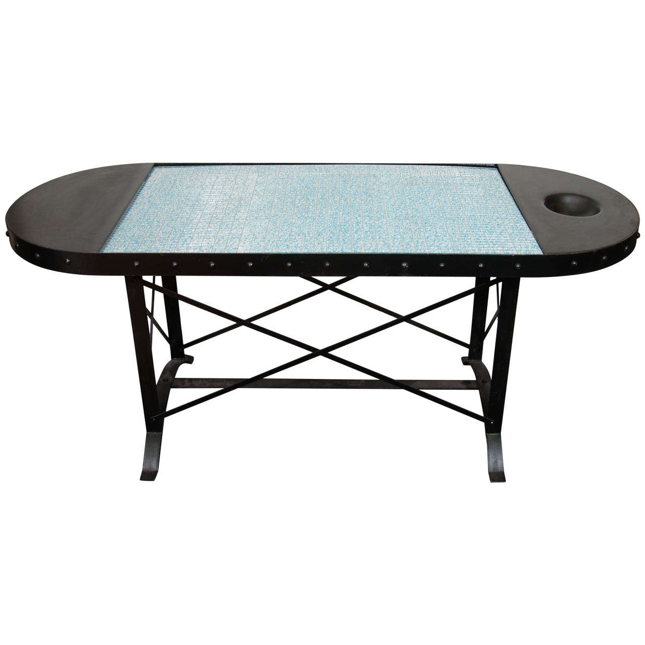 A Mid Century Iron Table with Blue Glass Top