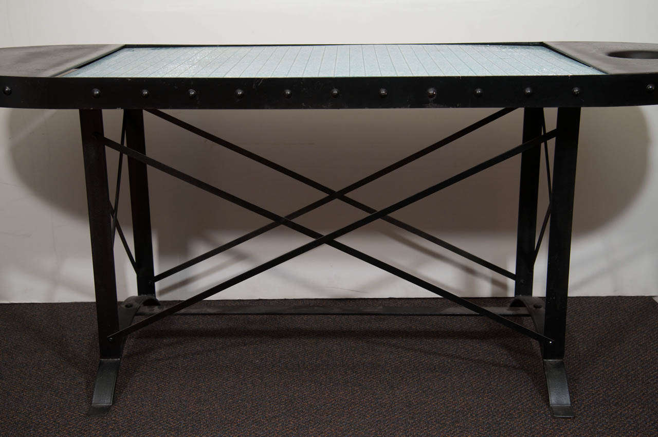 Mid-Century Modern A Mid Century Iron Table with Blue Glass Top