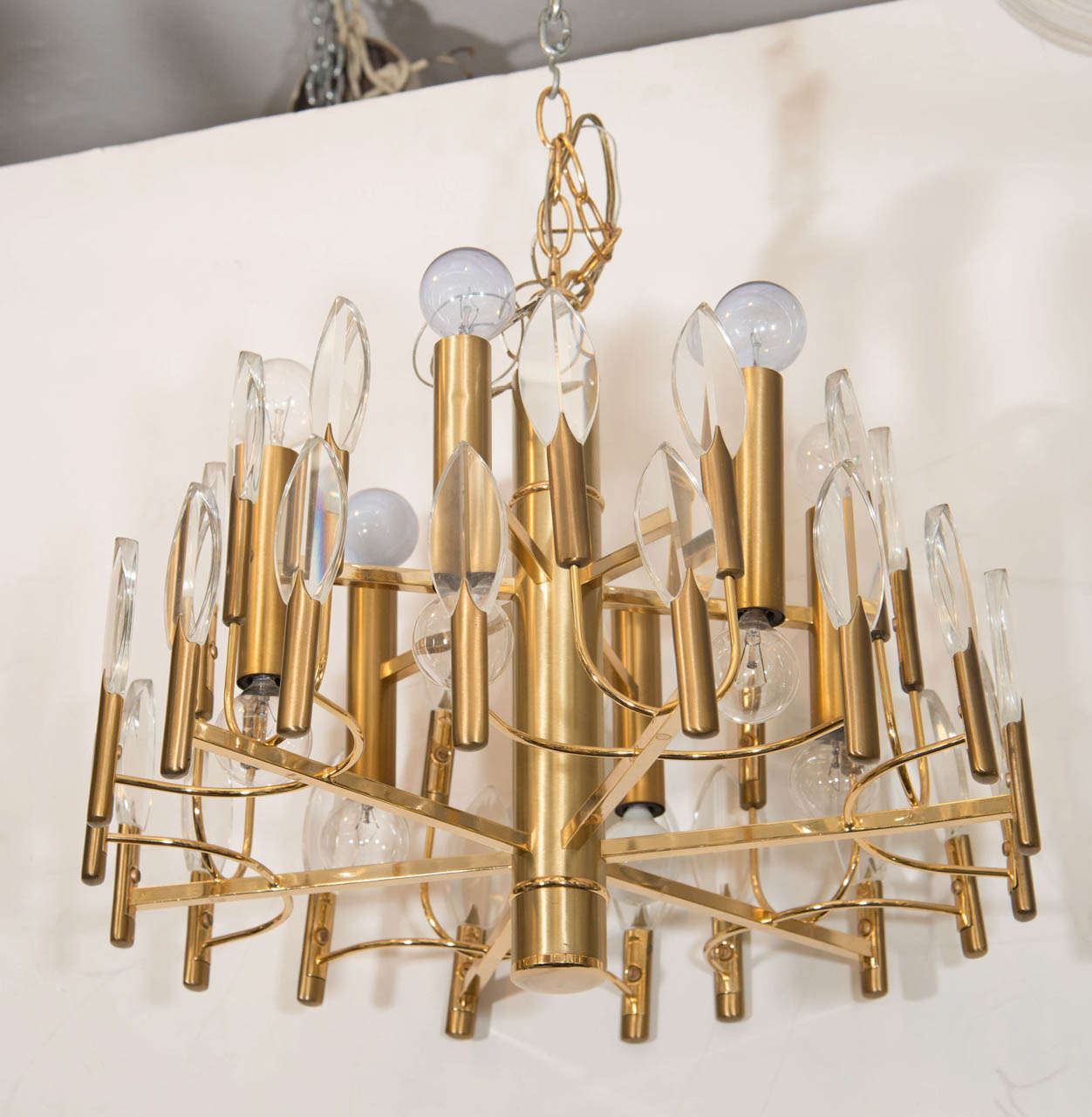 A vintage brass and glass two-tier chandelier. 

In good vintage condition with age appropriate wear.