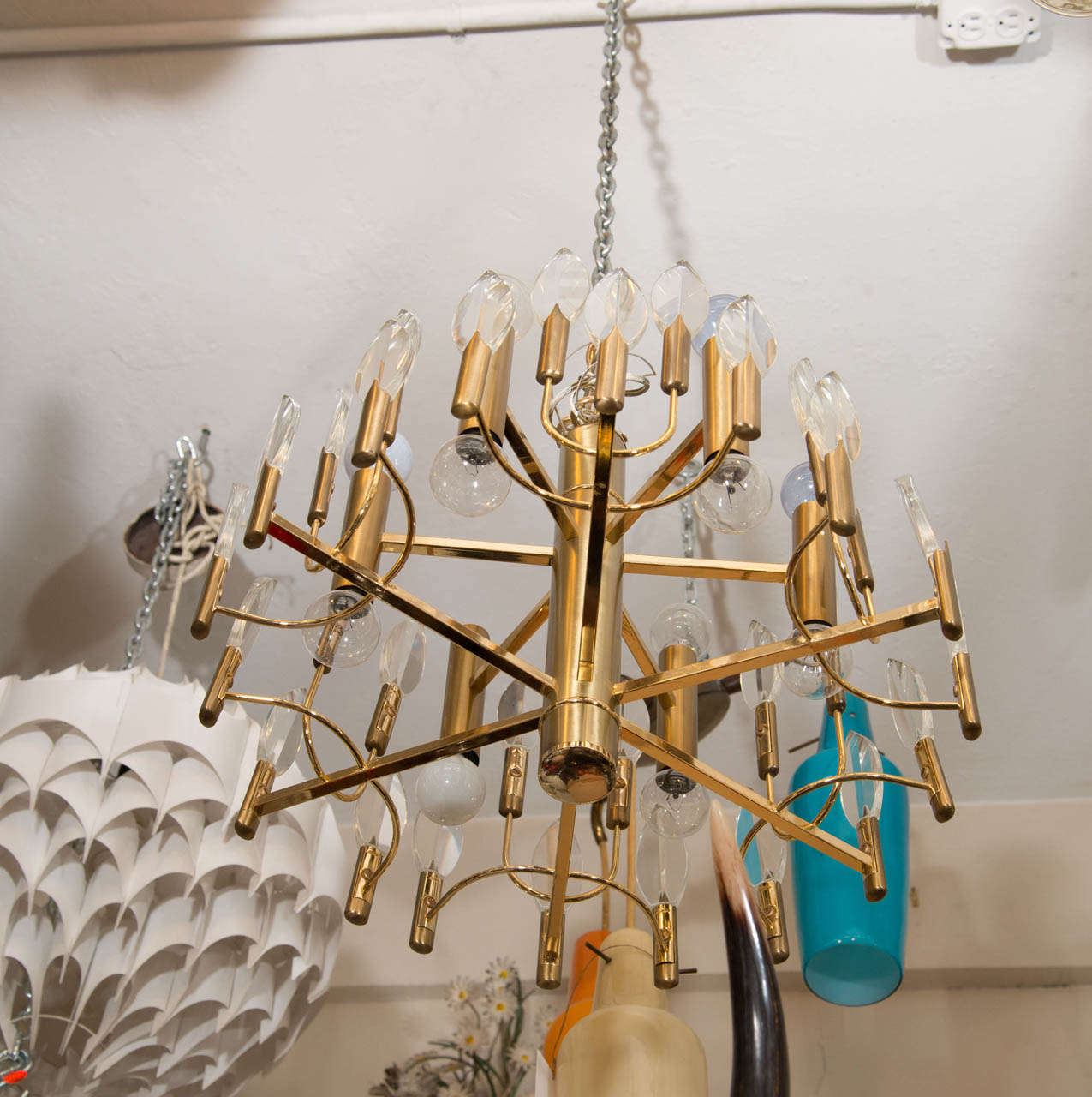 A Mid Century Brass and Glass Chandelier 1