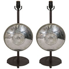 Vintage A Mid Century Pair of Aluminum Hubcap Table Lamps