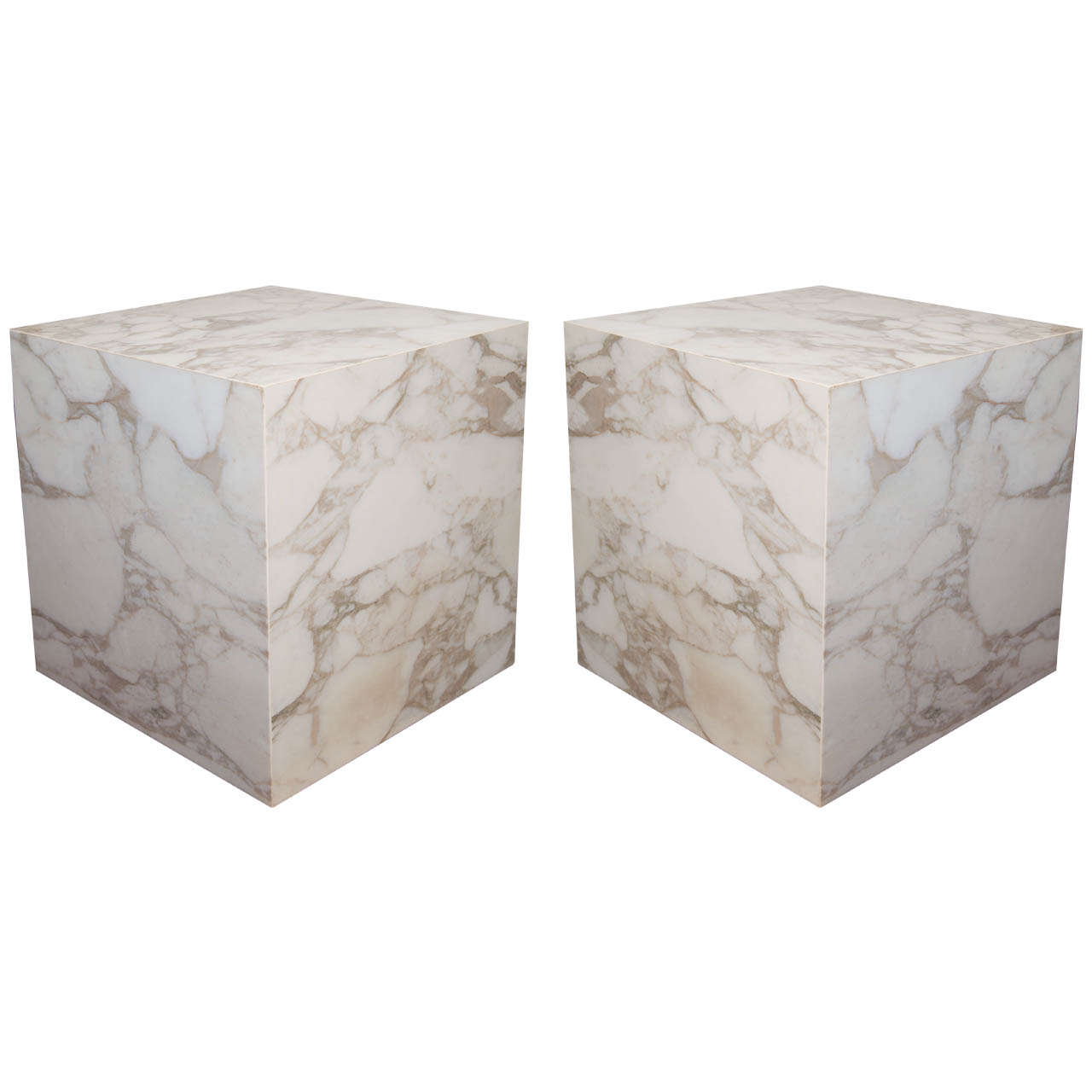 A Mid Century Pair of Cube Form Solid Marble Slab End or Side Tables