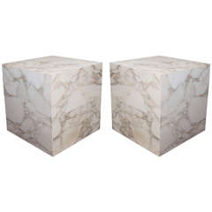 A Mid Century Pair of Cube Form Solid Marble Slab End or Side Tables