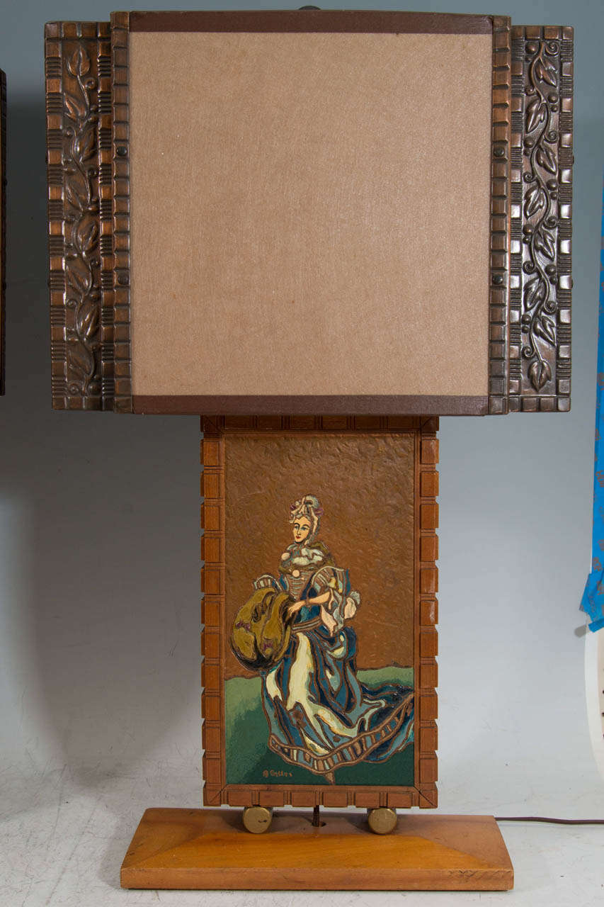 A Mid Century Pair of Enameled and Copper Table Lamps by Albert Gilles