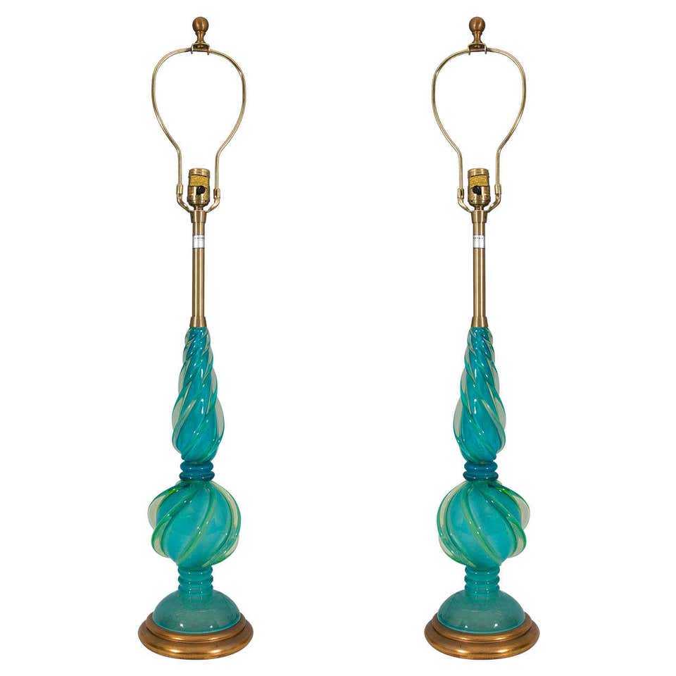Midcentury Pair of Aqua Colored Murano Glass Table Lamps by Marbro Lamp ...