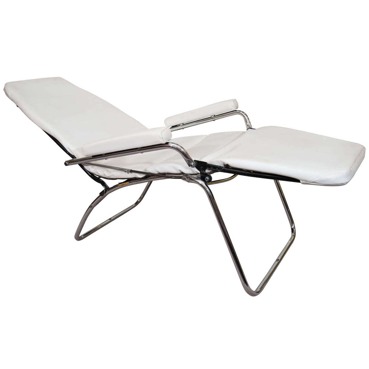 MidCentury French White Faux Leather and Chrome Recliner by LAMA at