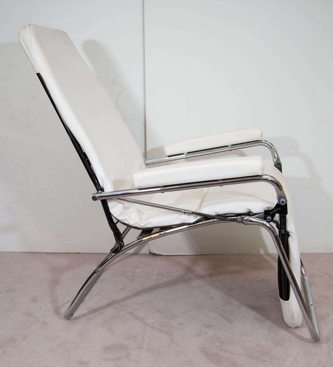 MidCentury French White Faux Leather and Chrome Recliner by LAMA at
