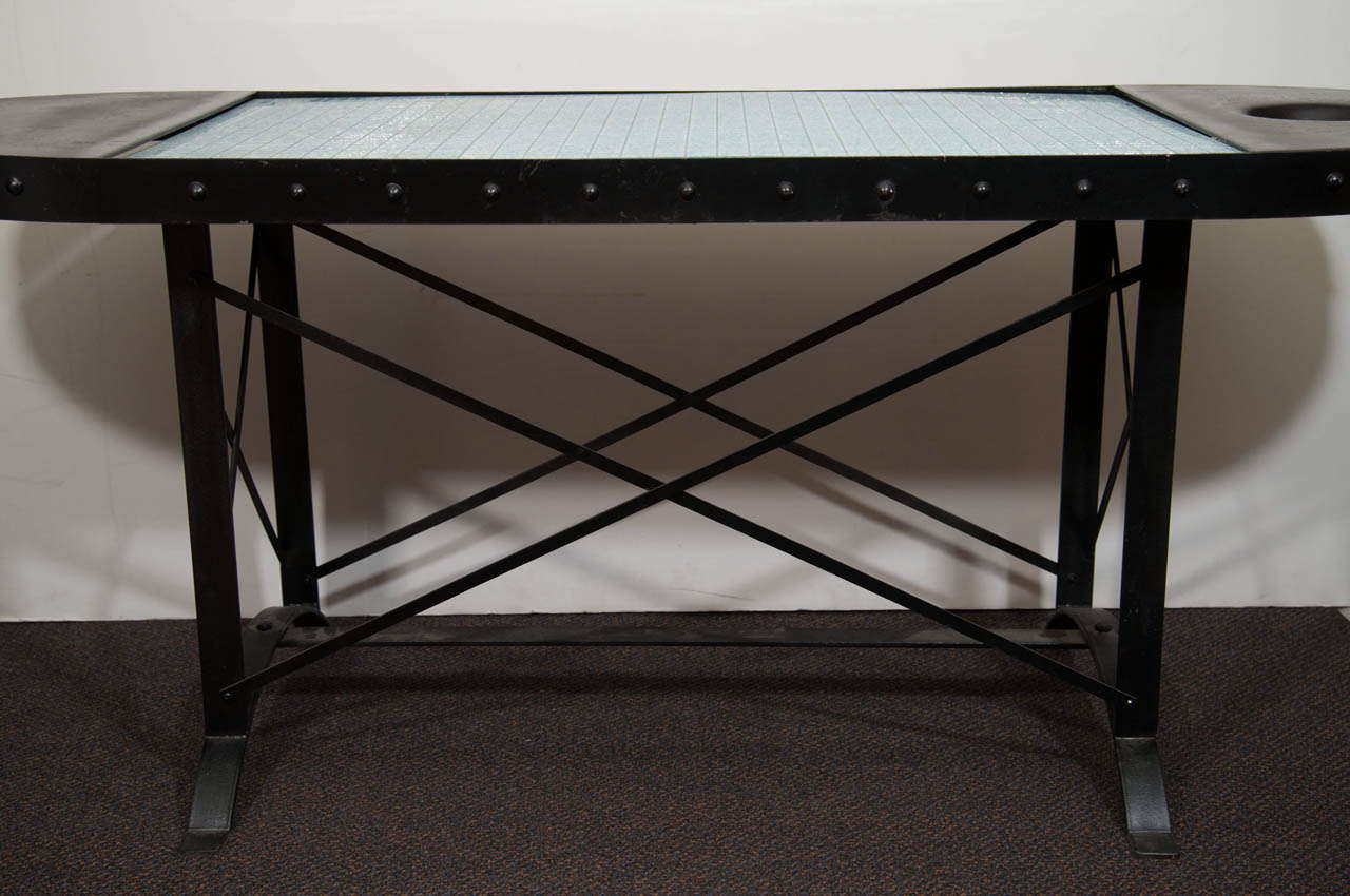 A Mid Century Iron Table with Blue Glass Top For Sale at 1stDibs