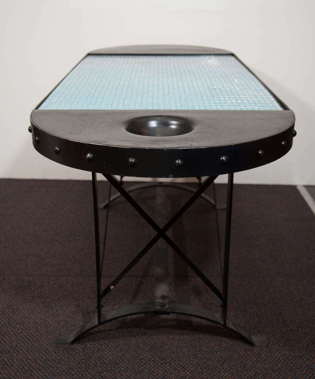 A Mid Century Iron Table with Blue Glass Top For Sale at 1stDibs