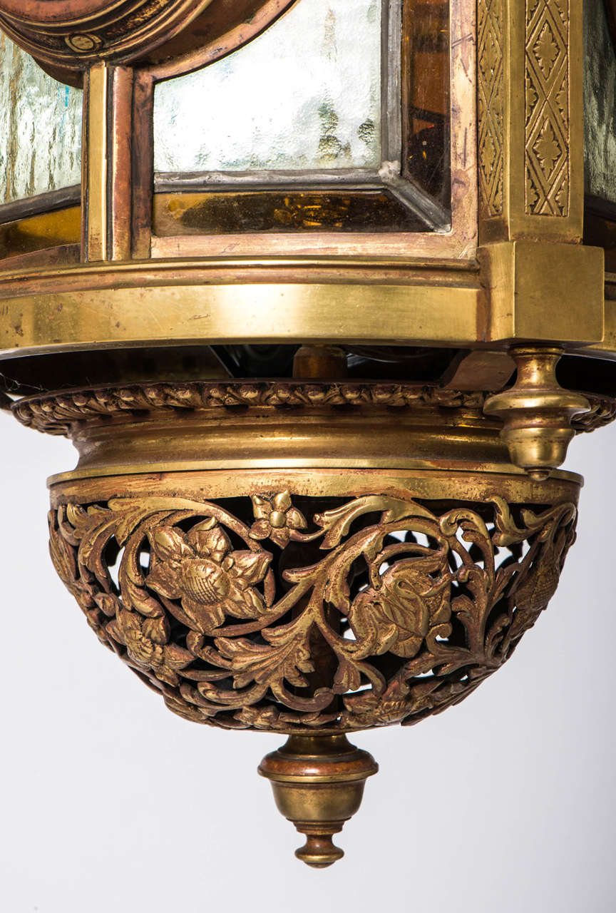 English Arts and Crafts brass and stained glass lantern, England circa 1900 For Sale