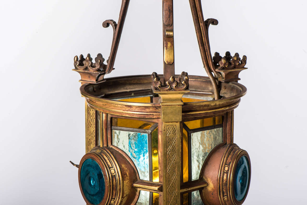 Arts and Crafts brass and stained glass lantern, England circa 1900 In Good Condition For Sale In Macclesfield, Cheshire