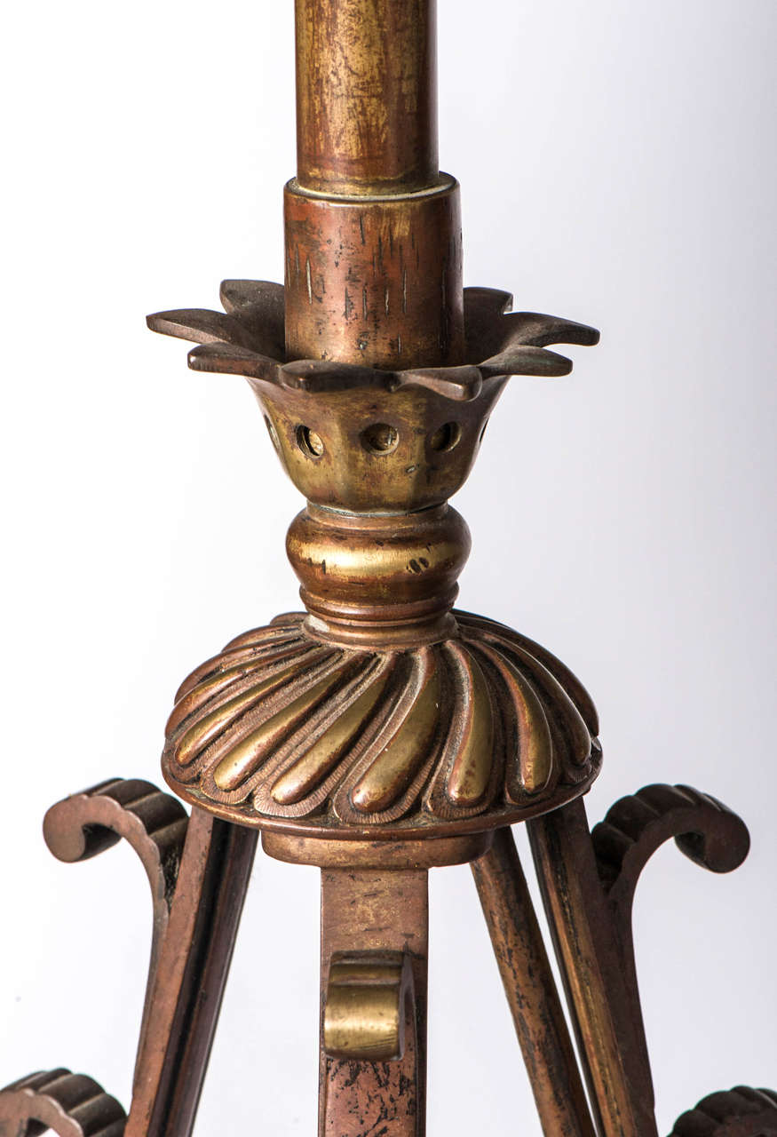 Brass Arts and Crafts brass and stained glass lantern, England circa 1900 For Sale