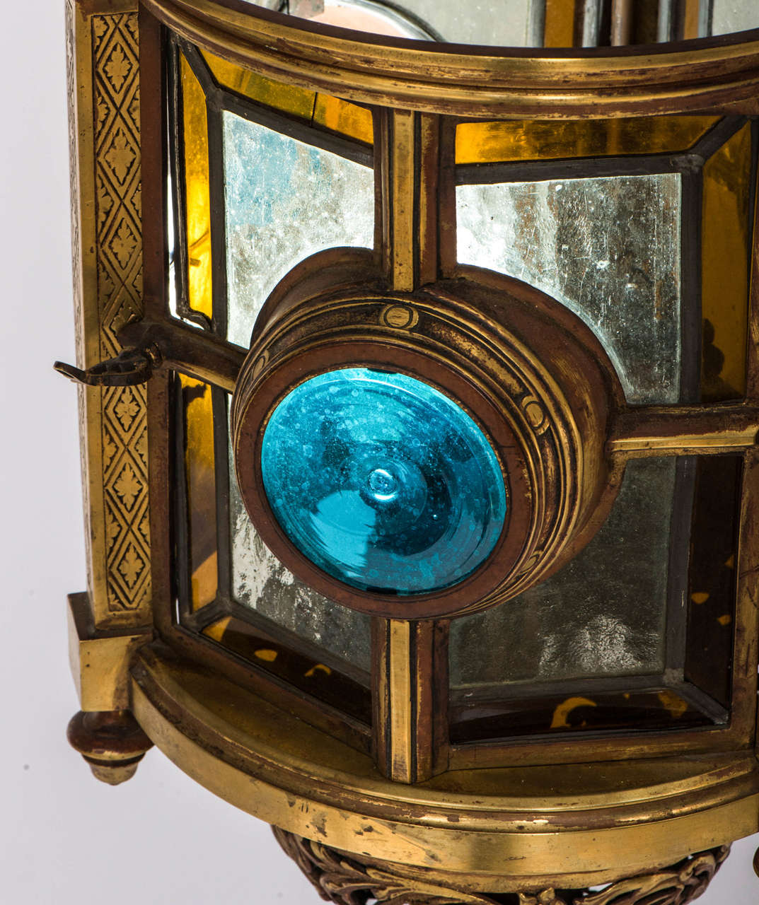 Arts and Crafts brass and stained glass lantern, England circa 1900 For Sale 1