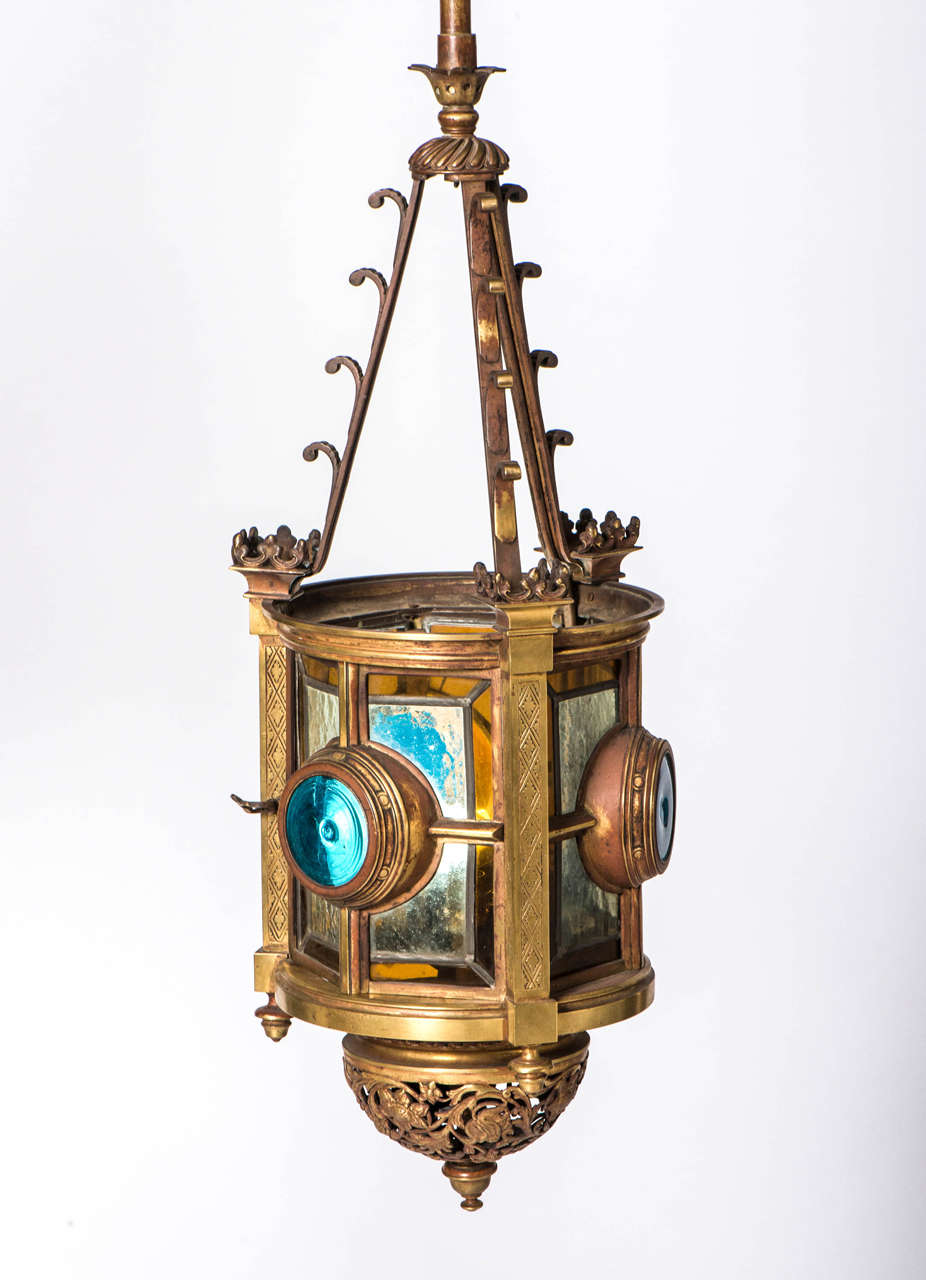 Arts and Crafts brass and stained glass lantern, England circa 1900 For Sale 3