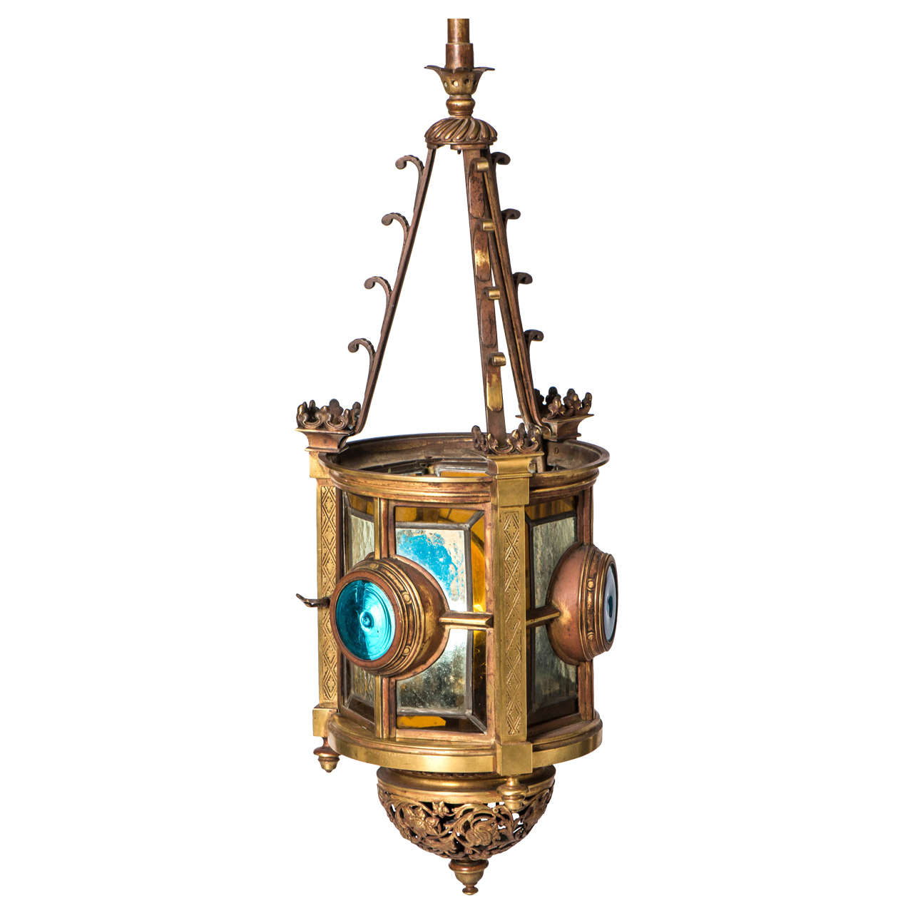 Arts and Crafts brass and stained glass lantern, England circa 1900 For Sale