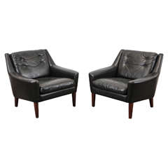 Pair of Hans Olsen Style Black Leather Chairs