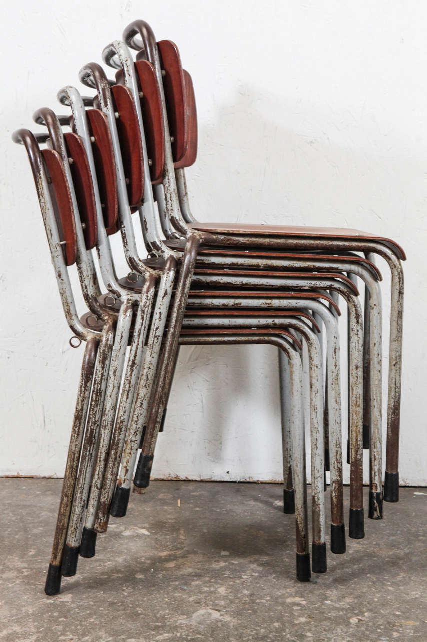 10 vintage French bentwood and metal school chairs. Sold individually.