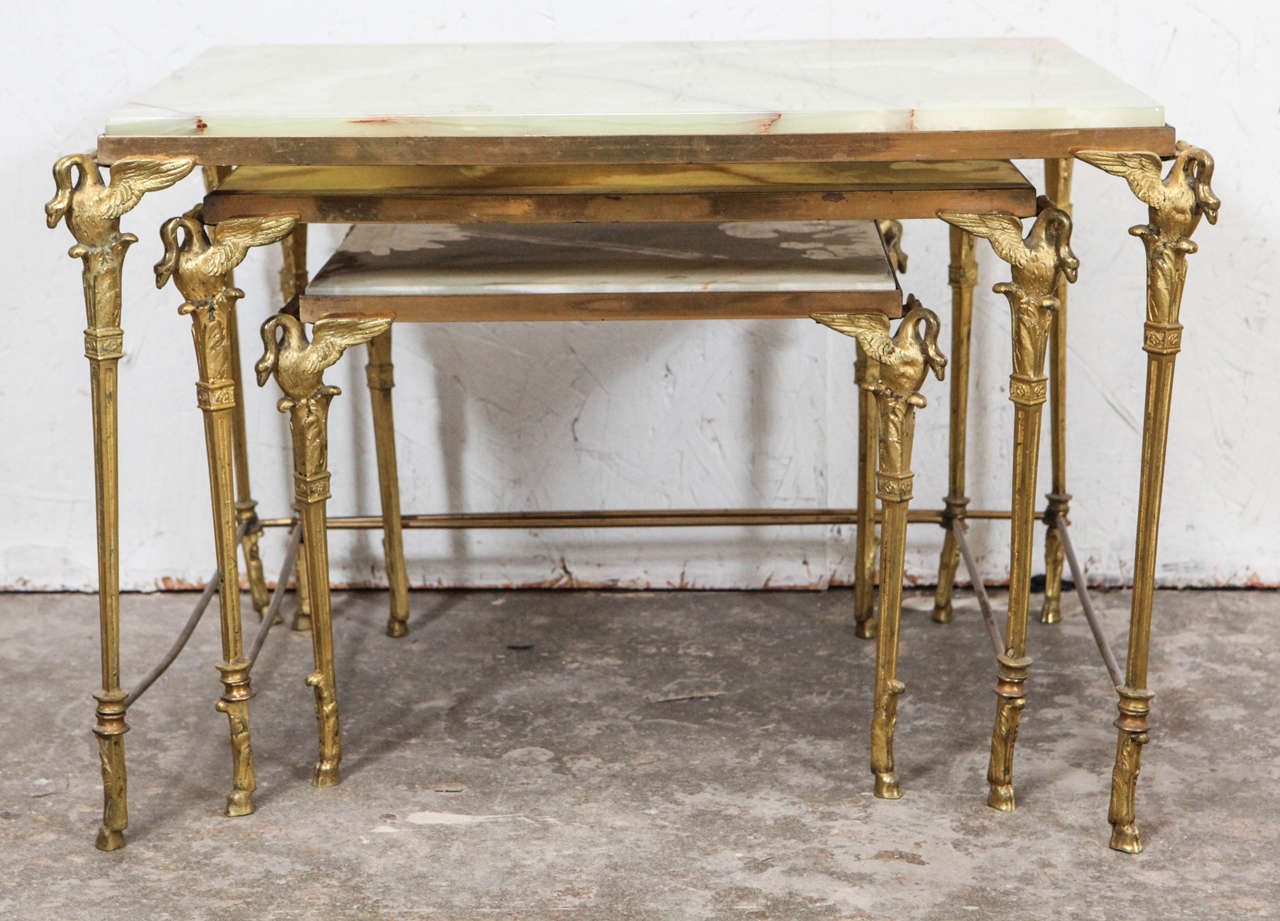 European Brass and Onyx Tiered Nesting Tables In Good Condition In Los Angeles, CA