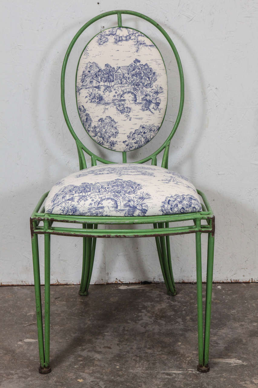 Regency Set of 12 Green Metal and Toile Oval Back Dining Chairs