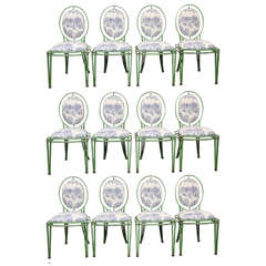 Set of 12 Green Metal and Toile Oval Back Dining Chairs