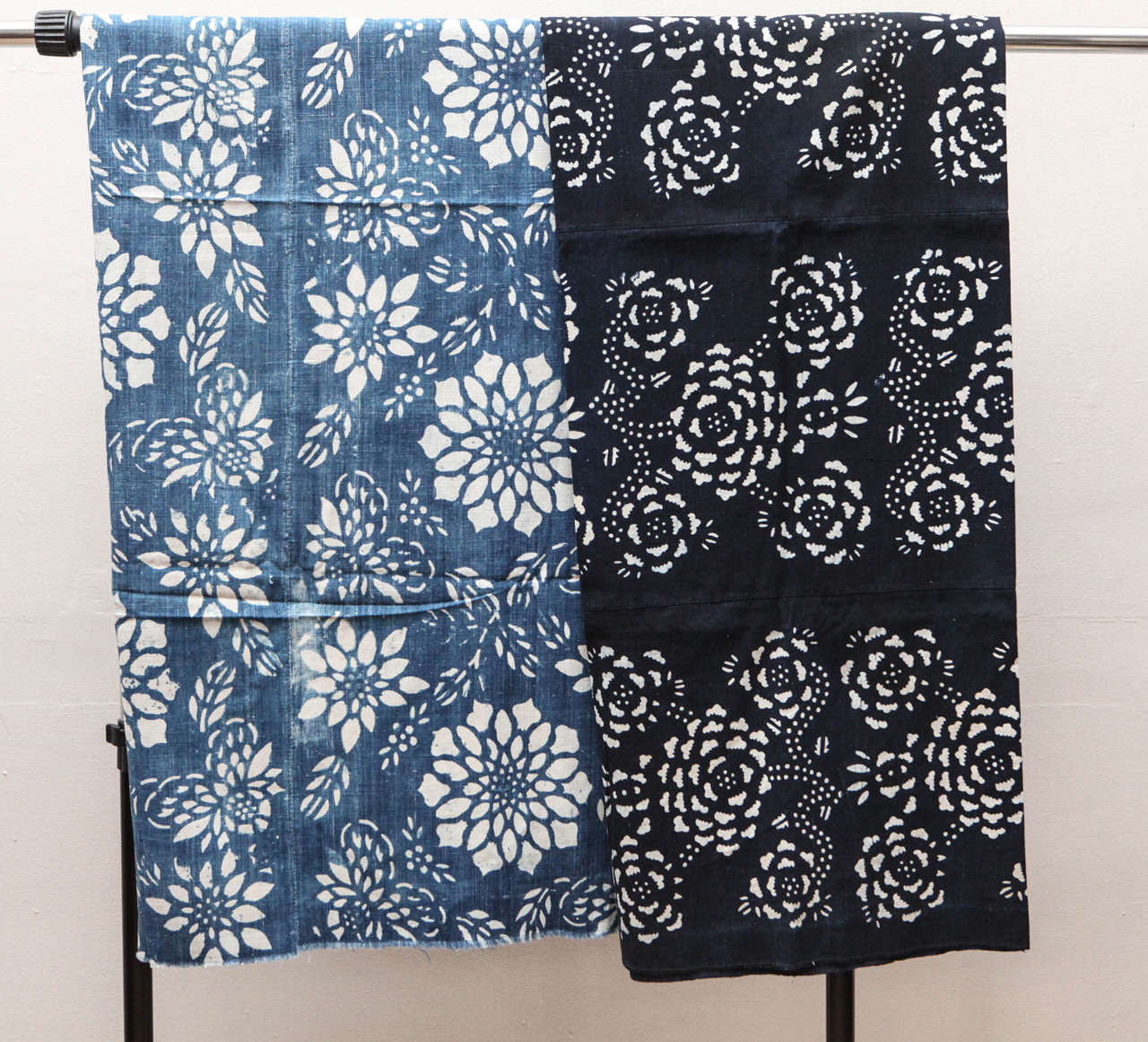 Resist dyed indigo cotton.  Each textile made up of three 16 inch panels
sewn together.  Priced individually at $650 each. 

Left - 52