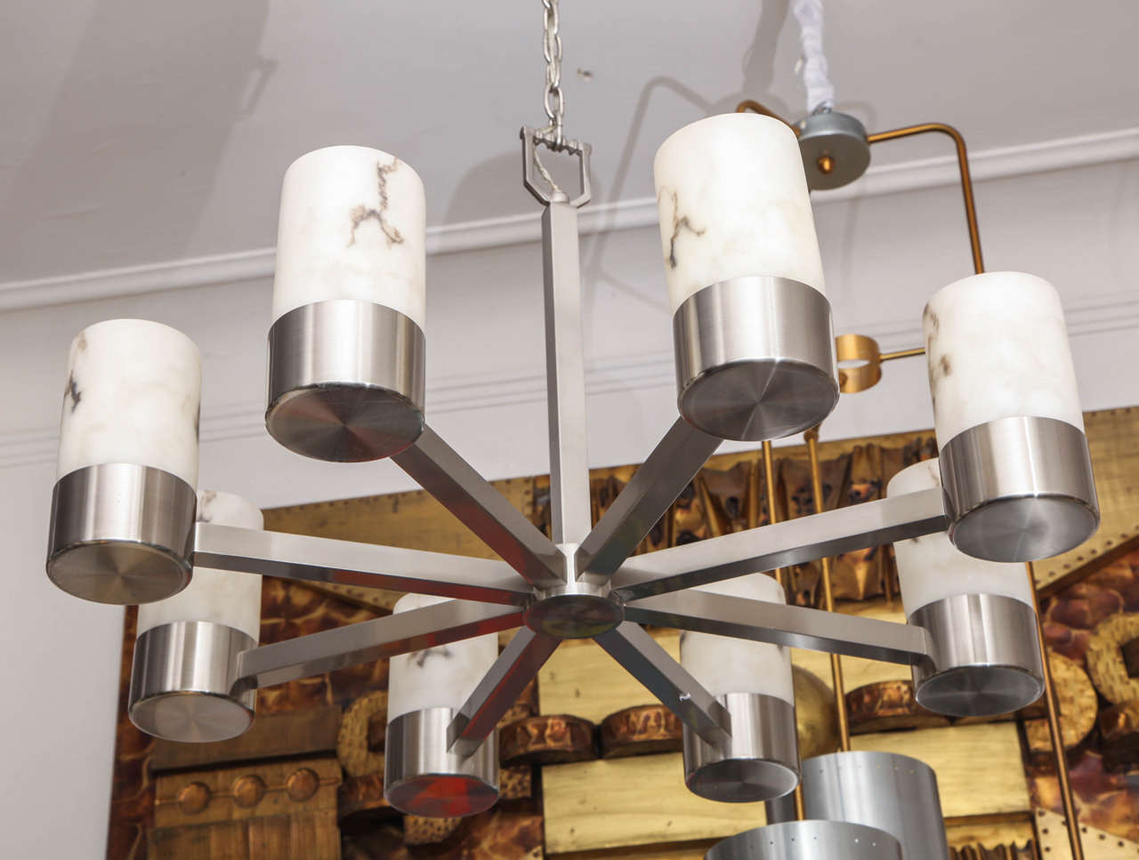 A 1970s architectural modernist ceiling fixture of polished nickel and alabaster.