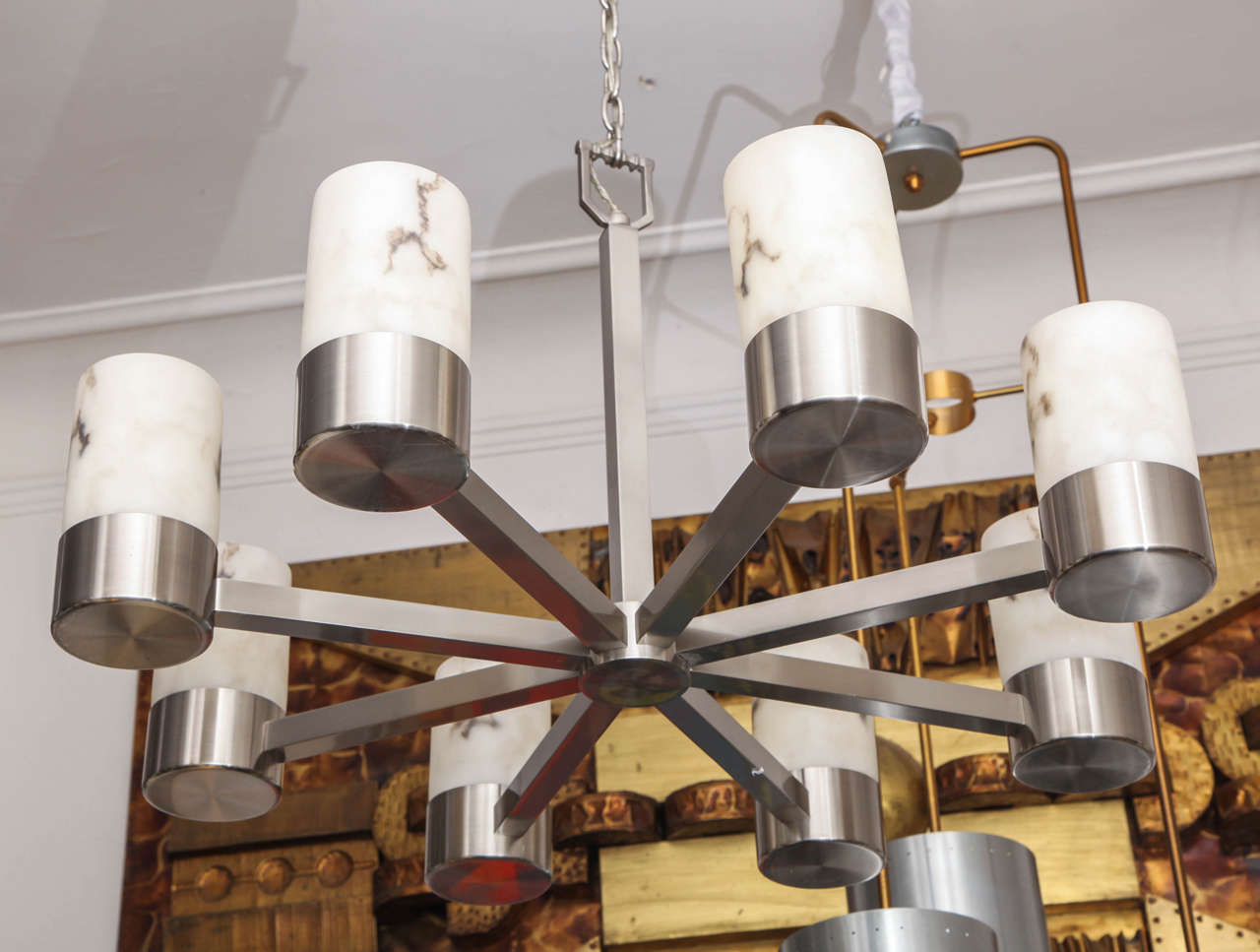 1970s Architectural Modernist Ceiling Fixture of Polished Nickel and Alabaster