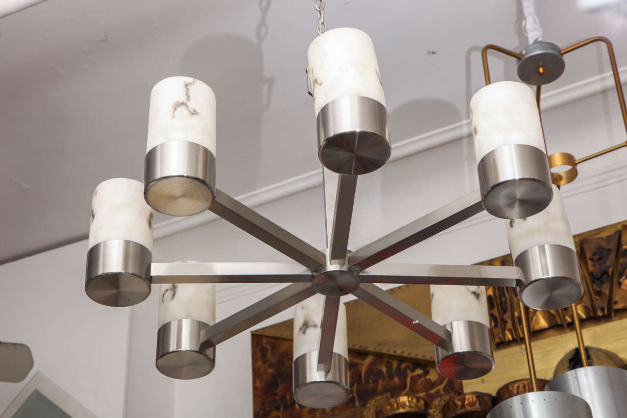 Mid-Century Modern 1970s Architectural Modernist Ceiling Fixture of Polished Nickel and Alabaster