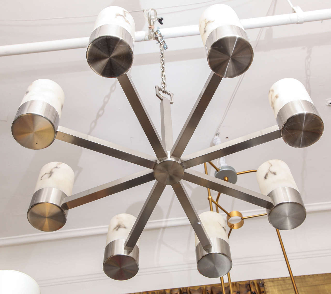 1970s Architectural Modernist Ceiling Fixture of Polished Nickel and Alabaster In Excellent Condition In New York, NY