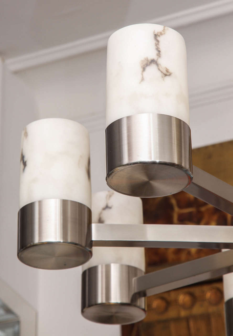1970s Architectural Modernist Ceiling Fixture of Polished Nickel and Alabaster 2