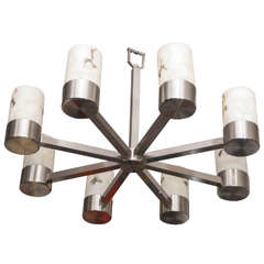 1970s Architectural Modernist Ceiling Fixture of Polished Nickel and Alabaster 8
