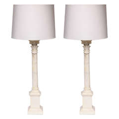 Pair of Italian 1940s Classical Modern Alabaster Column Table Lamps
