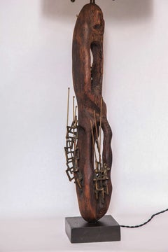 Table Lamp Brutalist Mid-Century Modern Patinated Iron and Wood, 1960s