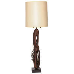 1960s Brutalist Patinated Brass and Wood Table Lamp 12