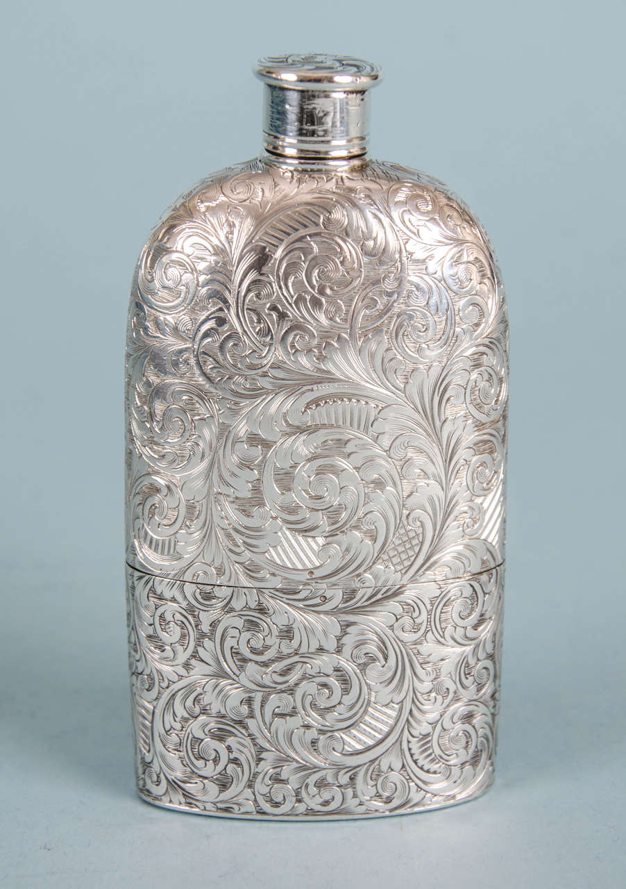 English Victorian Engraved Sterling Silver Flask by Yapp & Woodward, Birmingham, 1854