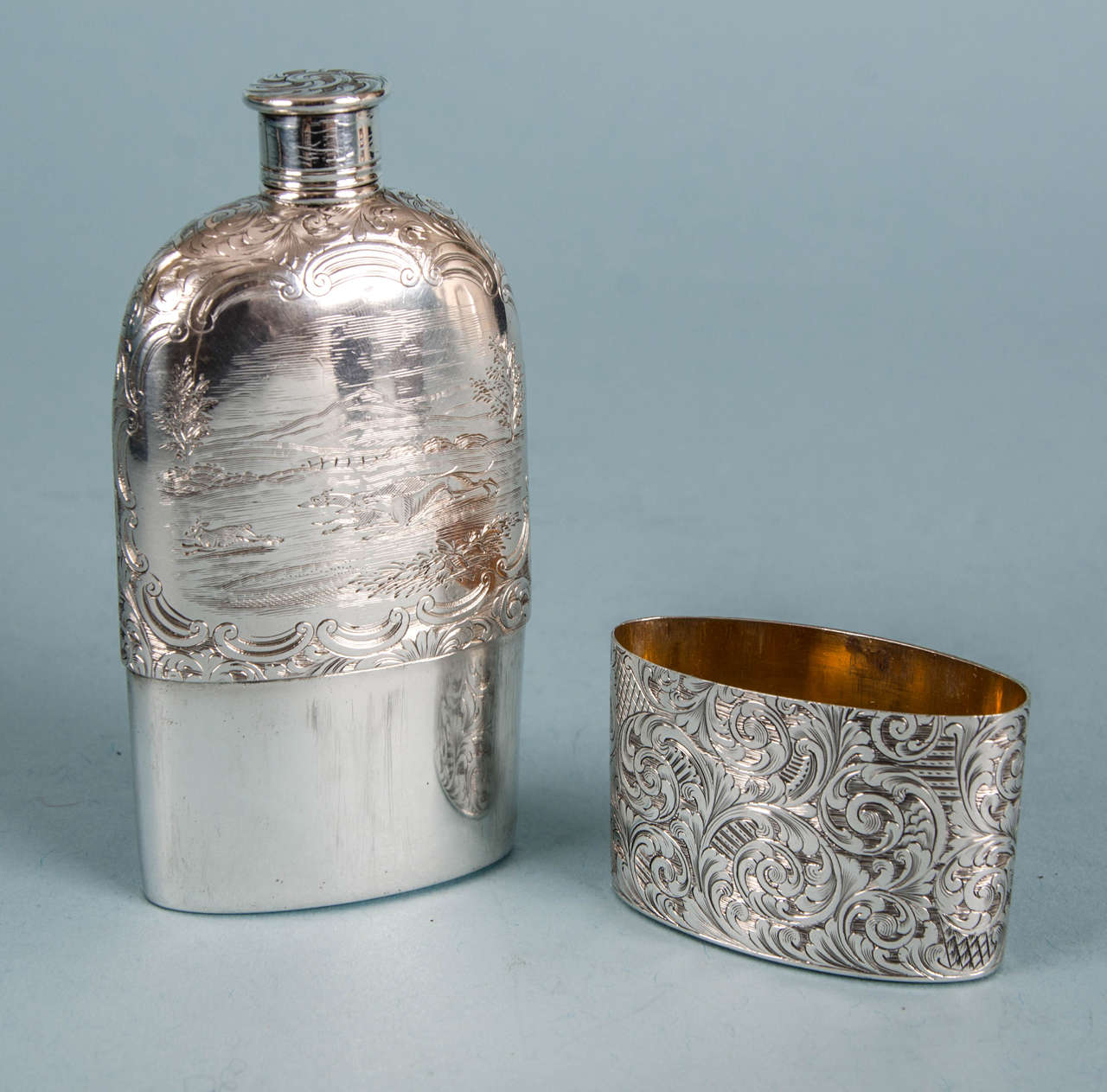 Mid-19th Century Victorian Engraved Sterling Silver Flask by Yapp & Woodward, Birmingham, 1854