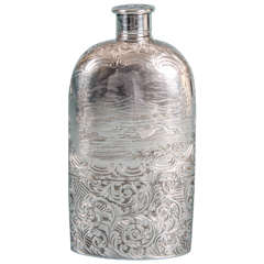 Antique Victorian Engraved Sterling Silver Flask by Yapp & Woodward, Birmingham, 1854