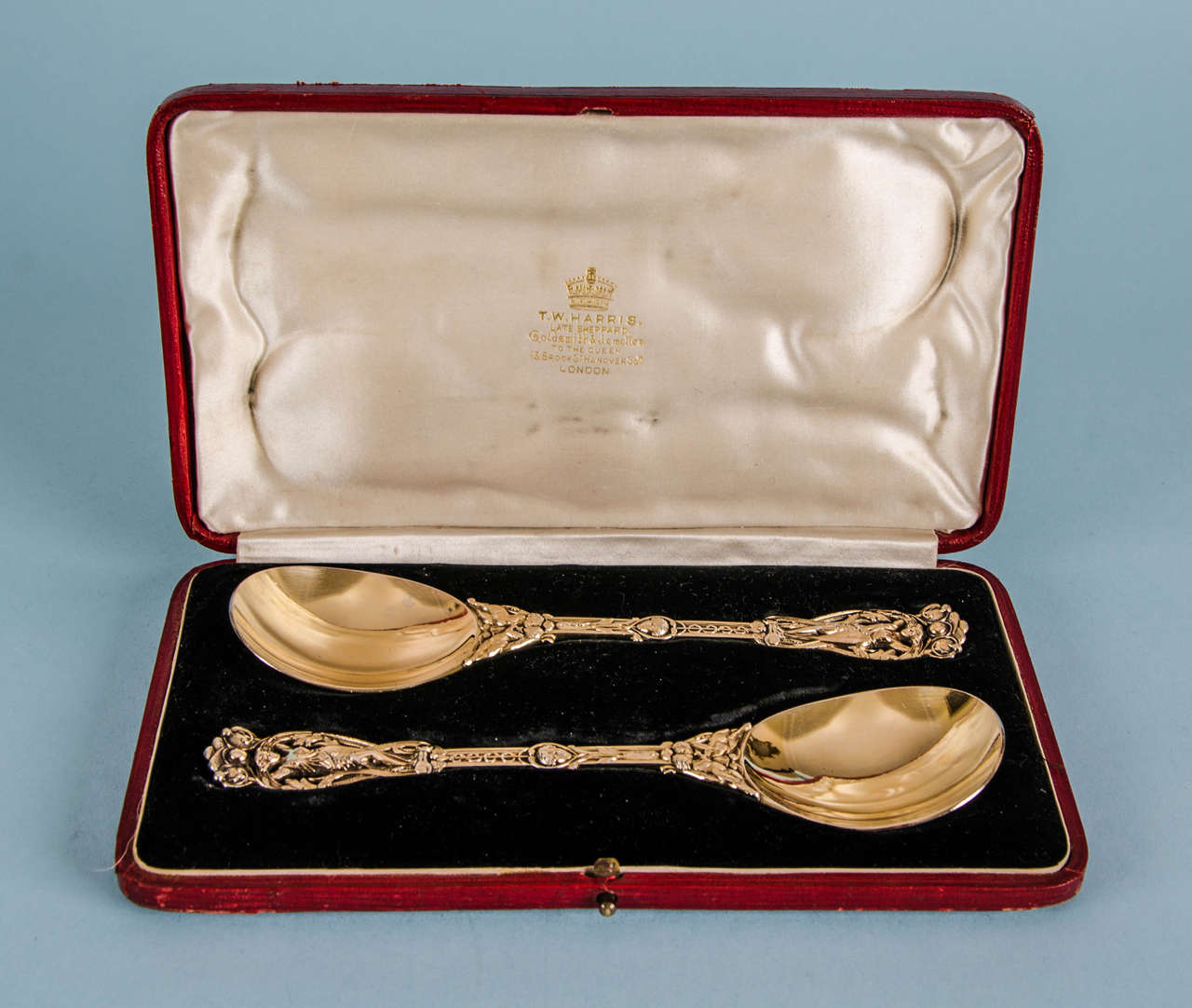 Pair of Victorian Silver Gilt Spoons in Case by Francis Higgins, London, 1871