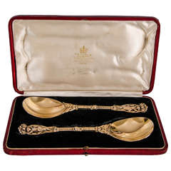 Pair of Victorian Silver Gilt Spoons in Case by Francis Higgins, London, 1871