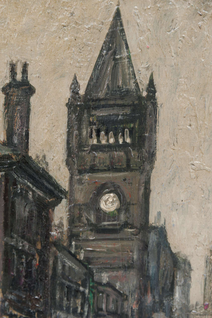 Arthur Delaney oil on board painting of Manchester Cathedral, England