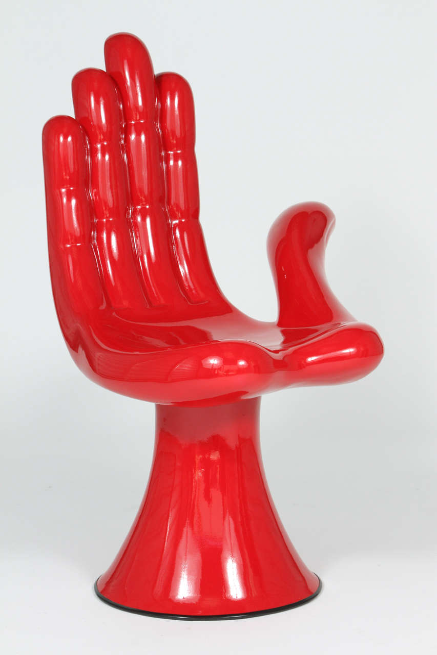 Pedro Friedeberg Iconic Surrealist Hand Chair (Silla-Mano). Made of composite fiberglass, making it a very light chair, and lacquered in a high-gloss red. 
Pop Art.
Rare, only 6 made of each color. Signed under pedestal, with a unique symbol next