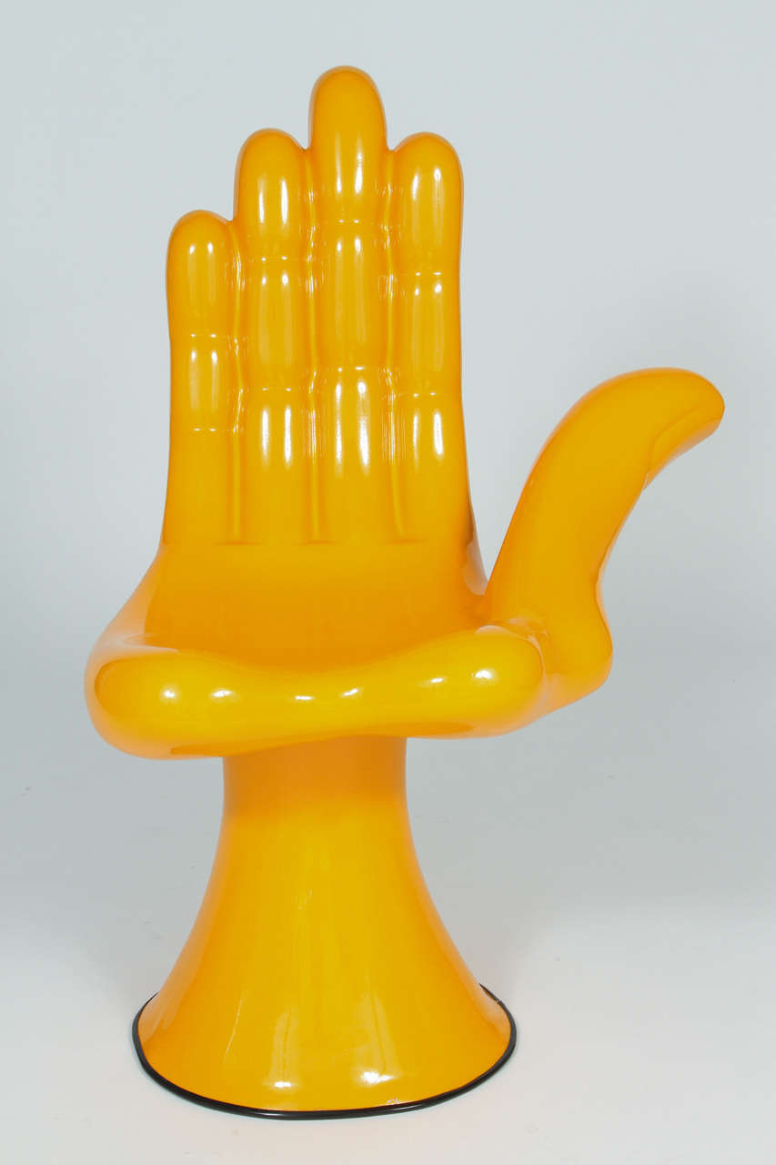 Pedro Friedeberg's Surrealist Iconic hand chair (Silla-Mano). Made of Composite fiberglass, making it a very light chair, and lacquered in a high-gloss yellow. Rare, only six made of each color. Signed under pedestal, Editors Proof, 1/1. Pop Art.