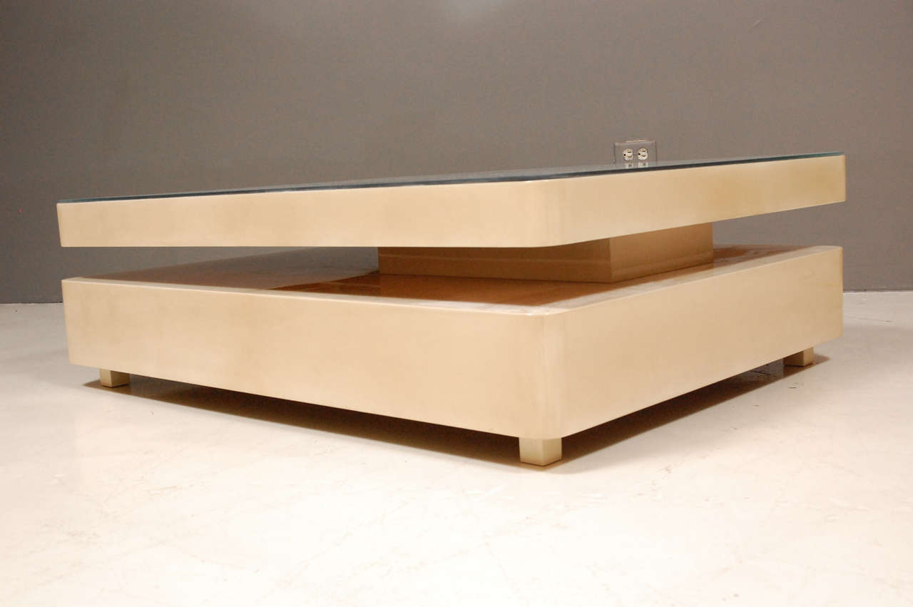Rectangular Parchment Coffee Table w/ Sliding Mirrored Top
