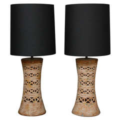 Pair of Italian Terracotta Table Lamps with a Sgraffito finish.