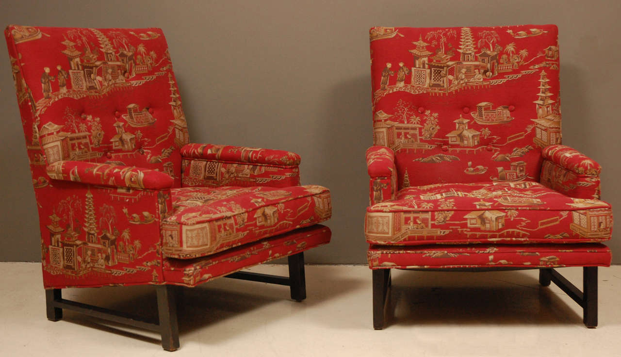 Rare Highback Version of Dunbar Arm Chairs by Edward Wormley in Original Fabric. In Excellent Condition In Los Angeles, CA
