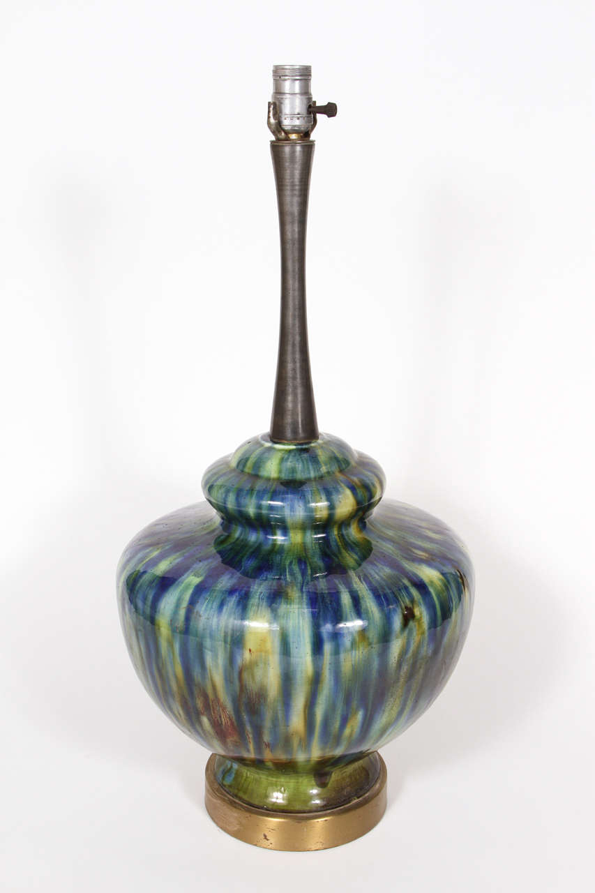 Mid Century modern overglazed ceramic lamp Haeger pottery style, which have a wonderful drip glaze finish in varying tones of blue and green. 
Ceramic pottery is 15