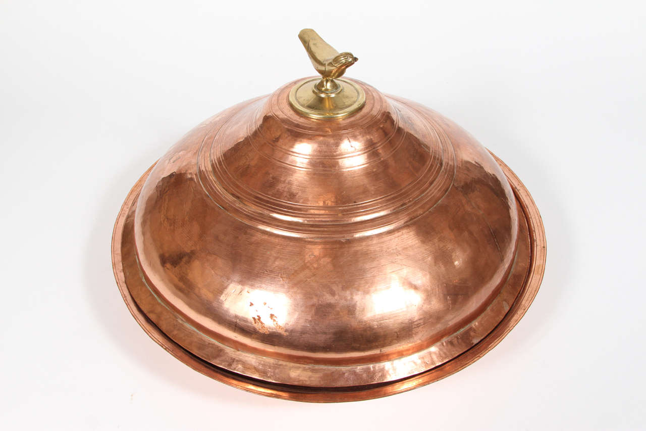 Hand-Carved Large Moroccan Round Copper Tajine Serving Dish with Cover