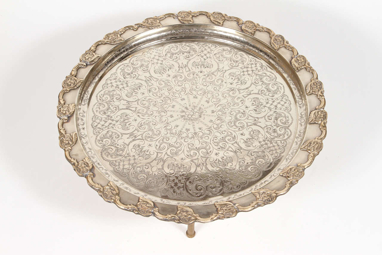 Moroccan Handcrafted Silver Round Tray at 1stDibs