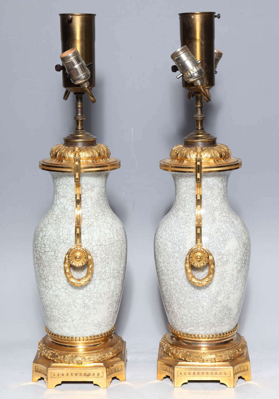 Pair of Chinese, Crackle Finish, Celadon Porcelain Vases with Gilt Bronze Mounts In Excellent Condition For Sale In New York, NY