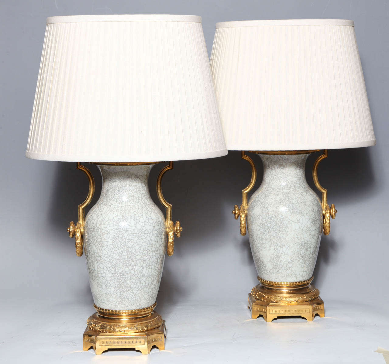 Pair of Chinese, Crackle Finish, Celadon Porcelain Vases with Gilt Bronze Mounts For Sale 1